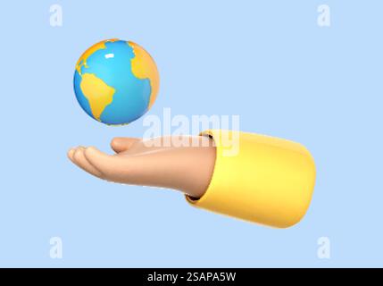 Cartoni animati 3D mano umana che tiene il globo pianeta Terra isolato su sfondo blu. Giorno della Terra. Concetto di ambiente Save World Illustrazione Vettoriale