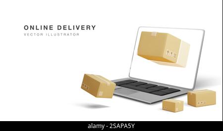 Banner per la distribuzione online con notebook e pacchi 3d realistici in stile realistico. Illustrazione vettoriale. Illustrazione Vettoriale