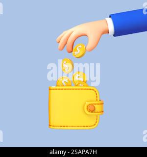 Mano di cartone animato 3D che mette moneta nel portafoglio isolato su sfondo blu. Illustrazione 3d vettoriale Illustrazione Vettoriale