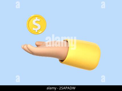 Mano di cartone animato 3D con moneta da un dollaro. Risparmio di denaro, pagamento online e concetto aziendale. Illustrazione 3d vettoriale Illustrazione Vettoriale