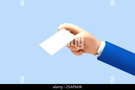 La mano d'artoon 3D regge un'etichetta di carta bianca o un'etichetta su sfondo blu. Uomo d'affari che tiene a mano il white paper. Illustrazione vettoriale 3D. Illustrazione Vettoriale