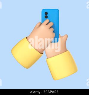 Mani umane dei cartoni animati 3D con smartphone isolato su sfondo blu. Display touch dello smartphone. Illustrazione Vector 3D. Illustrazione Vettoriale