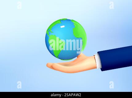 Globo isolato da mani umane su sfondo blu. Sostenere il concetto di terra. Green Planet nelle tue mani. Salvare la Terra. Concetto di ambiente. Illustrazione 3d del cartone animato vettoriale Illustrazione Vettoriale
