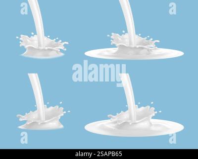 La corona del latte schizza isolata su sfondo blu. Set vettoriale realistico di schizzi di latte. Illustrazione Vettoriale