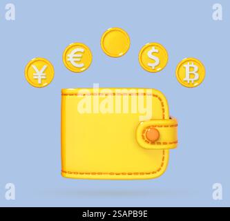 Cambio valuta online e concetto bancario. Simboli di valuta dollaro, euro, sterlina, Yen e Aitcoin con portafoglio. Concetto di business, finanza o cambio valuta. Illustrazione vettoriale 3D. Illustrazione Vettoriale