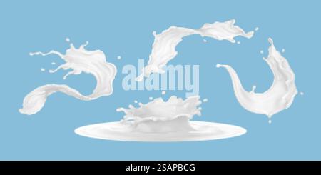 Set di schizzi realistici di latte di varie forme con gocce isolate su sfondo blu. Illustrazione vettoriale Illustrazione Vettoriale