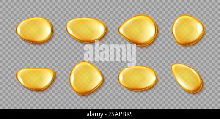 Gocce di siero o di collagene isolate su sfondo trasparente. Gocce d'olio realistiche. Cosmetici, omega 3 gocce d'oro. Illustrazione Vettoriale