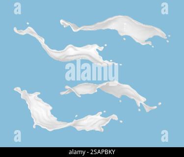 Schizzi di latte isolati su sfondo blu. Latticini naturali, yogurt o panna spalmata. Illustrazione vettoriale realistica Illustrazione Vettoriale