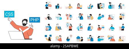 Concetto di programmazione con situazioni di persone mega set nel design flat web. Raggruppa scene di sviluppatori che codificano, creano app o software. Illustrazioni vettoriali per banner di social media e materiale di marketing. Illustrazione Vettoriale