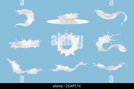 Set di schizzi realistici di latte di varie forme con gocce isolate su sfondo blu. Illustrazione vettoriale Illustrazione Vettoriale