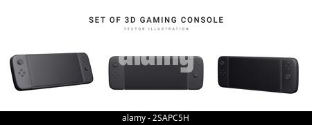 Set di console 3d realistica isolata su sfondo bianco. Concetto di videogiochi. Illustrazione vettoriale. Illustrazione Vettoriale