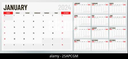 Calendario mensile classico per il 2024. Calendario dallo stile minimalista. Illustrazione vettoriale. Calendario mensile classico per il 2024. Calendario dallo stile minimalista. Illustrazione Vettoriale