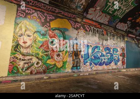 Vista generale delle opere d'arte dei graffiti in continuo mutamento in Leake Street Arches London (sotto la stazione della linea principale di Waterloo). Foto Stock