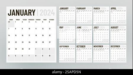 Calendario mensile classico per il 2024. Calendario dallo stile minimalista. Illustrazione vettoriale. Calendario mensile classico per il 2024. Calendario dallo stile minimalista. Illustrazione Vettoriale