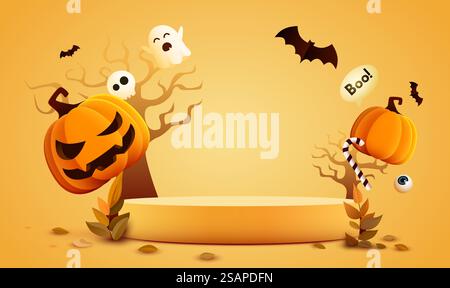 Il podio di Halloween con zucche, pipistrelli e fantasmi. Illustrazione vettoriale. Il podio di Halloween con zucche, pipistrelli e fantasmi. Illustrazione Vettoriale