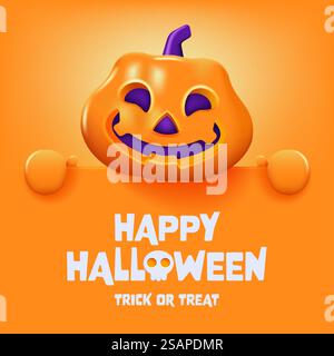 Buon Halloween. Illustrazione in 3D del simpatico personaggio della zucca arancione Jack o Lanterna con un grande cartello di benvenuto su sfondo arancione. Sfondo delle festività di Halloween. Illustrazione vettoriale Illustrazione Vettoriale