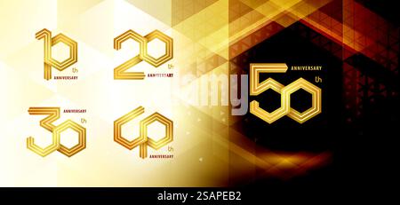 Set da 10 a 50 anni di design del logotipo, da 10 a 50 anni di celebrazione. Logo astratto Hexagon Infinity a tre linee, 10,20,30,40,50 anni Logo dorato per festeggiare l'evento. Geometria del poligono di rete, numero esagono Illustrazione Vettoriale