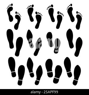 Footprint scarpe uomo silhouette, set vettoriale, isolate su sfondo bianco. Illustrazione vettoriale. Illustrazione Vettoriale