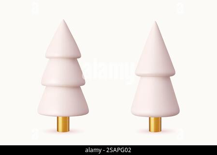 Set di alberi di Natale di stile diverso. Alberi di Natale astratti bianchi e dorati. Decorazioni natalizie. rendering 3d. Illustrazione vettoriale. Set 3d con cono per albero di Natale di stile diverso. Illustrazione Vettoriale