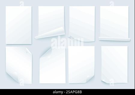 Grande set di fogli di carta per un design realistico 3D. Raggruppamento di elementi di modelli di documenti per ufficio bianchi in formato A4 con bordi arricciati e spazio di testo vuoto. Oggetti grafici isolati nell'illustrazione vettoriale Illustrazione Vettoriale