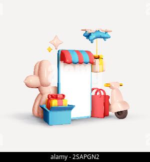 Negozio online. Tempo di shopping. Design creativo dell'idea. Telefono cellulare 3d realistico, moto scooter, mongolfiere, drone volante, confezione regalo e shopping. Consegna del servizio di corriere. Illustrazione vettoriale Illustrazione Vettoriale
