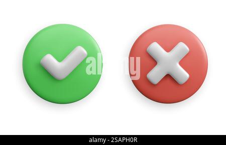Pulsante con segno di spunta realistico e icona Annulla. Icone di chiusura e successo per progetti di progettazione grafica, app e siti Web. Illustrazione vettoriale. Illustrazione Vettoriale
