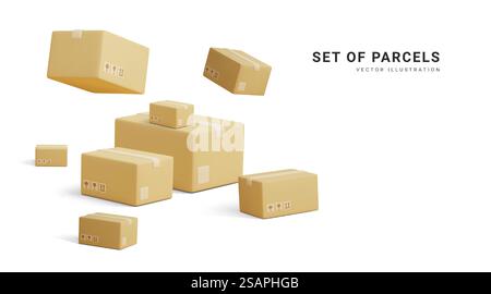 Set di pacchi. Modello di pacchetti per lo shopping. Scatole di cartone per imballaggio e trasporto di merci. Illustrazione del concetto vettoriale. Illustrazione Vettoriale