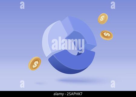 Risparmio di denaro in 3D su sfondo blu pastello. raggruppa il denaro contante e le monete fluttuanti scambiano con il concetto di business finanziario, guadagnando investimenti. illustrazione del rendering dell'icona vettoriale 3d per l'investimento Illustrazione Vettoriale