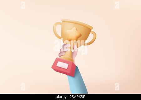 3d celebra i vincitori con una coppa d'oro, i vincitori dei premi sono stellati in mano. Cerimonia di premiazione su piedistallo in stile cartone animato. illustrazione del rendering vettoriale dell'icona dei trofei 3d isolata su sfondo rosa Illustrazione Vettoriale