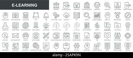Icone Web di e-learning impostate nel design sottile. Pacchetto di università, formazione online, conoscenza, globale, audiolibro, lezione video, corso, elaborazione cloud, test, altro. Pittogrammi della traccia del contorno vettoriale Illustrazione Vettoriale