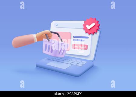 Shopping online in 3D tramite computer portatile con l'icona del segno di spunta, la borsa o il carrello. Pulsante elenco di controllo scelta migliore, successo, segno di spunta, Accetta concetto. illustrazione del rendering vettoriale dell'icona del notebook 3d. Illustrazione Vettoriale