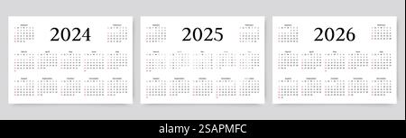Calendari per 2024, 2025 e 2026 anni. Disposizione dello scomparto o del calendario a parete. La settimana inizia domenica... calendari 2024, 2025, 2026. Template grid planner con 12 mesi. Illustrazione vettoriale. Illustrazione Vettoriale