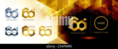 Design logotipo 60th Anniversary, celebrazione dei sessant'anni. Logo astratto Hexagon Infinity, 60 anni Logo dorato per festeggiamenti, invito. Geometria del poligono di rete, numero esagono Illustrazione Vettoriale