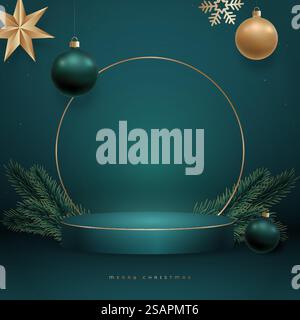 Podio cilindrico verde per la presentazione di regali o prodotti di Capodanno. Vetrina dei prodotti in stand su sfondo verde. Illustrazione Vettoriale