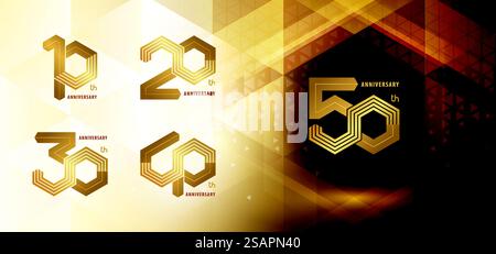 Set da 10 a 50 anni di design del logotipo, da 10 a 50 anni di celebrazione. Logo Abstract Hexagon Infinity multiple Lines, 10,20,30,40,50 anni Logo dorato per festeggiare l'evento. Geometria del poligono di rete, numero esagono Illustrazione Vettoriale