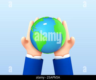 Mani umane dei cartoni animati 3D che tengono il globo isolato su sfondo blu. Sostenere il concetto di terra. Salvare la Terra. Concetto di ambiente. Illustrazione 3d vettoriale Illustrazione Vettoriale