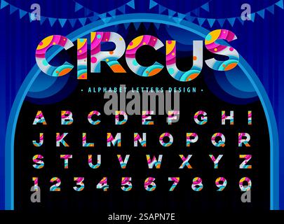 Circo colorato astratto all'interno di lettere e numeri alfabetici, cerchi di colore moderni font, lettere alfabetiche in stile bolla Set di design per festeggiare, feste, moda. Festival, intrattenimento, Globe, Planet, Earth, fiera del divertimento Illustrazione Vettoriale