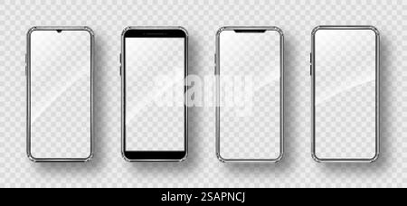 Set di modelli realistici per smartphone. Cornice del telefono cellulare con display vuoto. Illustrazione vettoriale isolata su sfondo trasparente Illustrazione Vettoriale