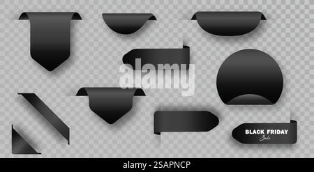 Collezione di etichette Black Friday con striscioni a nastro isolati. Collezione realistica di etichette nere, perfetta per offerte speciali e sconti per lo shopping. Collezione di etichette Black Friday con striscioni a nastro isolati. Collezione realistica di etichette nere, perfetta per offerte speciali e sconti per lo shopping. Illustrazione Vettoriale