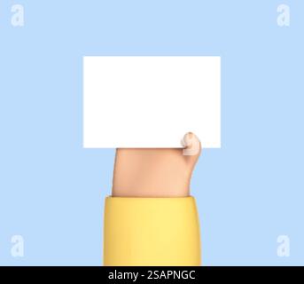 La mano d'artoon 3D regge un'etichetta di carta bianca o un'etichetta su sfondo blu. Mano umana che tiene il white paper. Illustrazione vettoriale 3D. Illustrazione Vettoriale