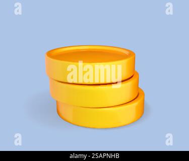 Pila di cartoni animati 3D di monete d'oro isolate su sfondo blu. Denaro contante. Investimenti finanziari aziendali. Icona del cartone animato 3d vettoriale Illustrazione Vettoriale