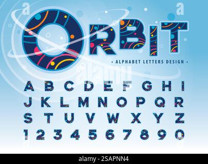 Cerchi colorati astratti Orbit all'interno di lettere e numeri alfabetici, caratteri di colore moderni, lettere alfabetiche in stile bolla Set di lettere per festeggiare, feste, moda. Festival, intrattenimento, Globe, Planet, Earth, fiera del divertimento Illustrazione Vettoriale
