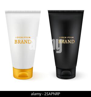 Tubi in plastica realistici per prodotti cosmetici. Set vettoriale di contenitori modello vuoti per: Gel di cura della pelle, crema per la cura delle mani, bb, maschera facciale o fondazioni. Colori bianco, nero e dorato. Tubi in plastica realistici per prodotti cosmetici. Illustrazione Vettoriale