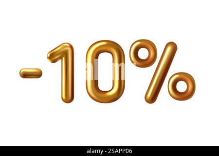Sconto shopping realistico palloncino dorato meno il simbolo del dieci per cento . Lamina metallica oro numero 10 3D con glitter. Sconto del 10% Golden sale. Vendita e promozione pubblicitaria in negozio. Sconto shopping realistico palloncino dorato meno il simbolo del dieci per cento . Illustrazione Vettoriale