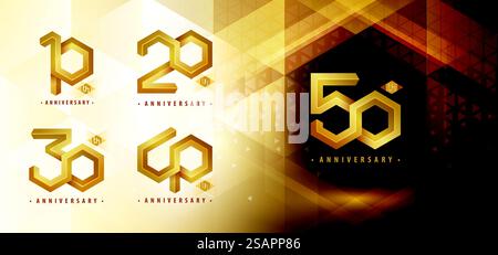 Set da 10 a 50 anni di design del logotipo, da 10 a 50 anni di celebrazione. Logo astratto Infinity Emboss esagono, 10,20,30,40,50 anni Logo dorato per festeggiare l'evento. Geometria del poligono di rete, numero esagono Illustrazione Vettoriale