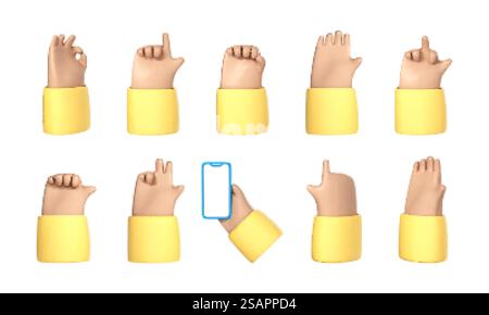 Set di mani 3D dei cartoni animati. Gesti della mano del cartone animato vettoriale isolati su sfondo bianco. Illustrazione Vettoriale
