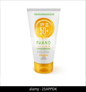 Modello di provetta per crema Sun Care per annunci o riviste. 3D Realistic Vector Mock Up. Design vettoriale EPS10.. Modello di provetta per crema Sun Care per annunci o riviste. Illustrazione Vettoriale
