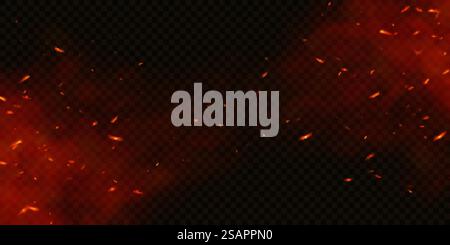 Scintille di fuoco vettoriale. Particelle incandescenti bruciate. Fiamma di fuoco con scintille isolate su sfondo nero trasparente. Illustrazione Vettoriale