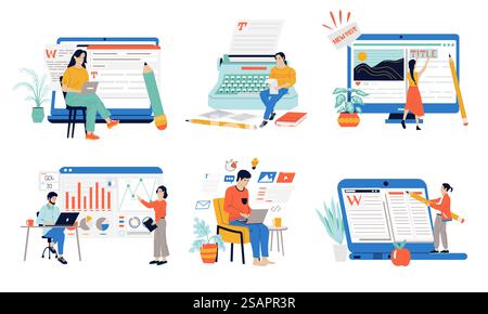 Gestione dei contenuti. Copywriter giornalista di fumetti che lavora su testo e storytelling, spinta SEO e crescita del pubblico. Responsabili della promozione commerciale del marketing del traffico vettoriale. Gestione dei contenuti. Copywriter giornalista di fumetti che lavora su testo e storytelling, spinta SEO e crescita del pubblico. Marketing del traffico vettoriale Illustrazione Vettoriale