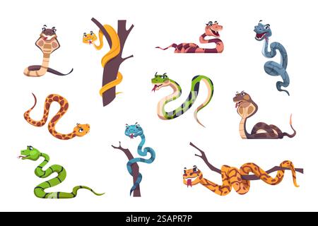 Carattere dei serpenti. Simpatica mascotte animale con divertenti emozioni facciali per l'illustrazione dei bambini. Rettile selvaggio di natura tropicale. Predatori striati o macchiati isolati. Set di serpenti esotici cartoni animati vettoriali. Carattere dei serpenti. Simpatica mascotte animale con divertenti emozioni facciali per l'illustrazione dei bambini. Rettile selvaggio di natura tropicale. Predatori striati o macchiati. Serpenti esotici vettoriali Illustrazione Vettoriale
